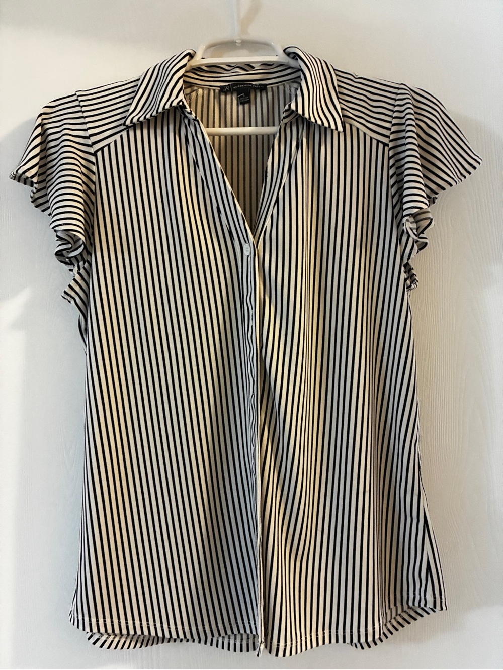 Adrianna Papell Black White Vertical Striped Short Sleeve Button Down Blouse S